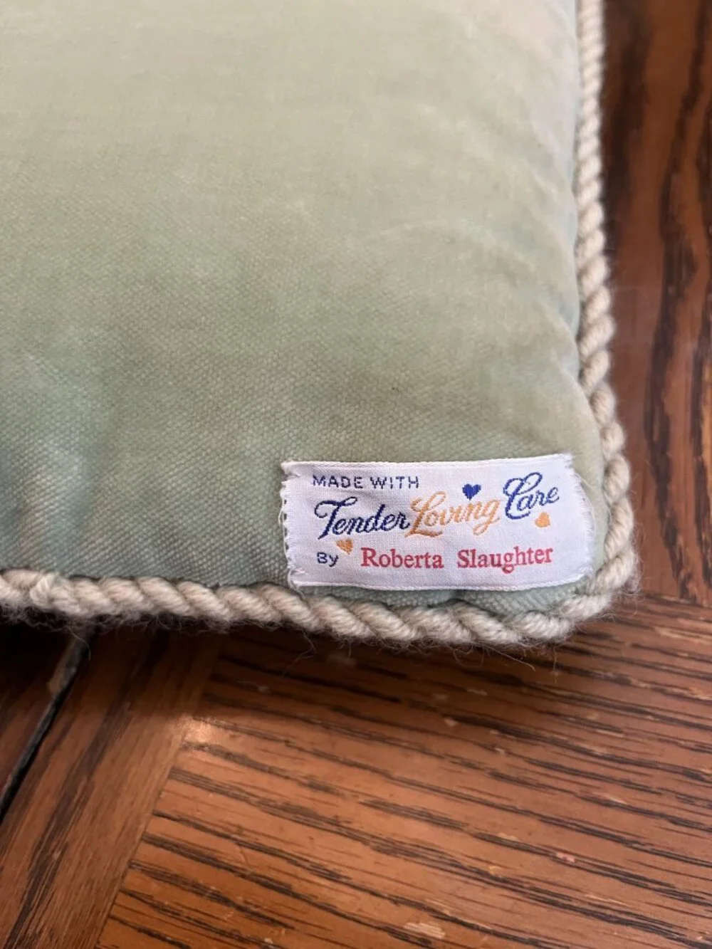 Vintage Floral Needlepoint Throw Pillow With Rope Trim & Green Velvet 12